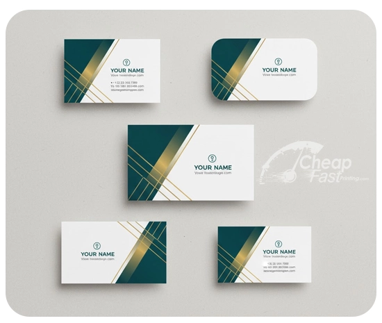 A clean, top-down flat-lay photograph on a neutral light-gray background. In the center is a standard 3.5x2 business card. Arranged neatly around it are a 2.5x2.5 square card, a 1.75x3.5 mini card, and a standard card with clearly rounded corners. All cards feature a cohesive, minimalist design.